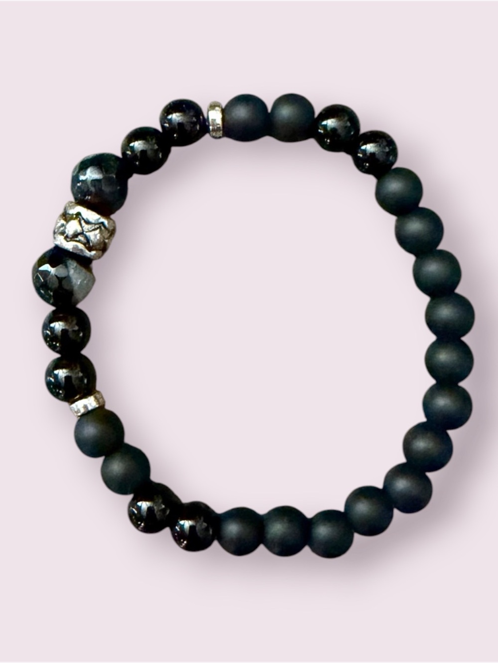 Black Onyx Stretch Bracelet: with Silver Accents